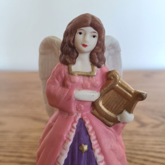 Vintage Hand Painted Bell Bisque Musical Angel Figurine With Pink Gown And Harp - Picture 3 of 10